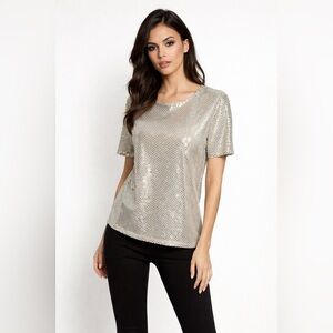 Notations Women’s Top Size Medium Silver Sequin Short Sleeve